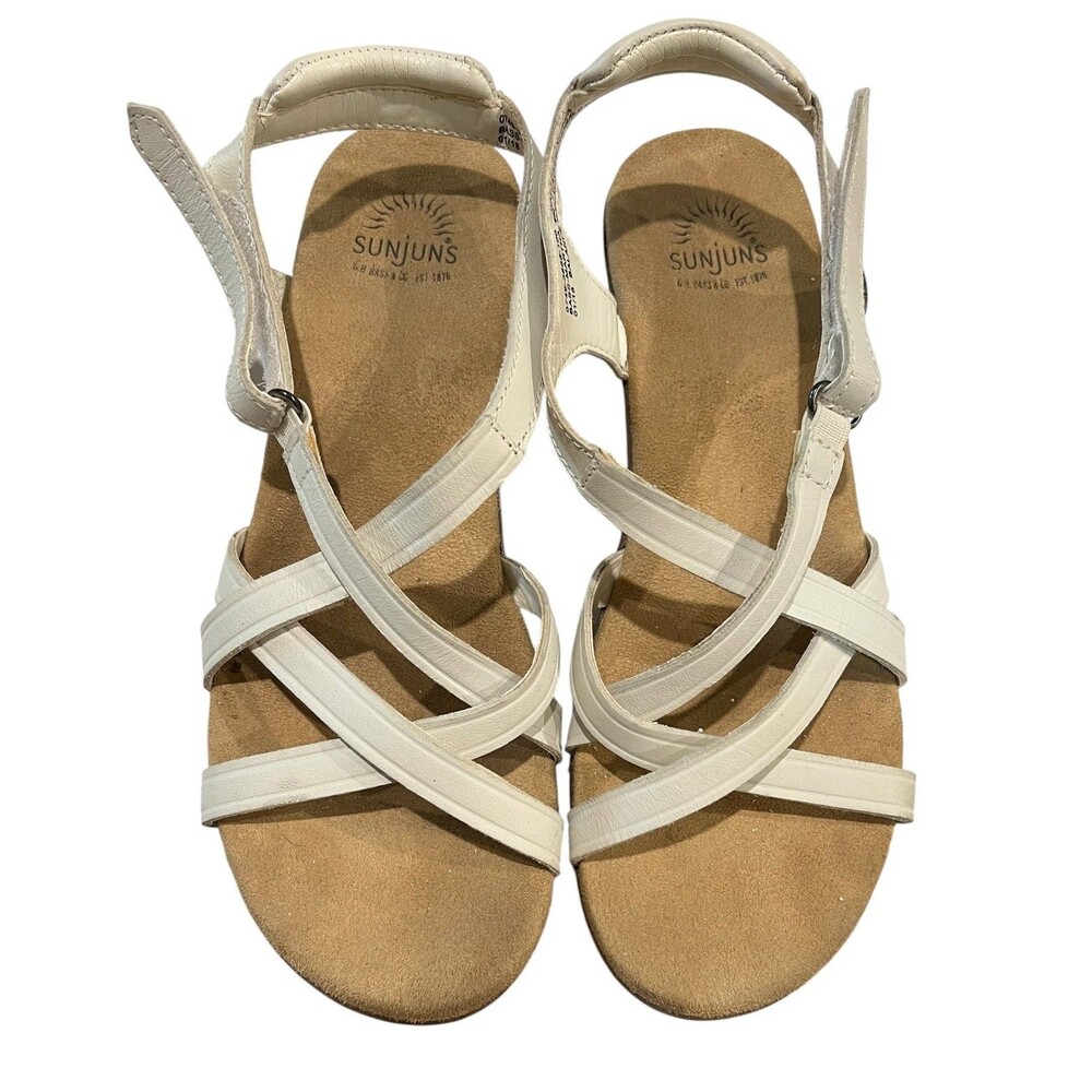 Bass Sunjuns Women's White Leather Martha Strappy Wedge Sandals  Size 9M  Summer